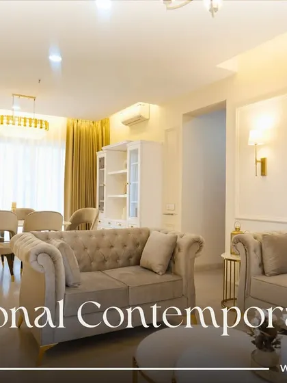 This is the main living area from our 3BHK Traditional Contemporary project in Pune. The design balances classic furniture silhouettes with modern finishes to create a space that feels both timeless and fresh.