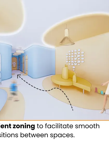This render of a pediatric clinic showcases efficient zoning to facilitate smooth transitions. The use of soft colors, curved forms, and playful elements creates an intuitive spatial arrangement for effortless wayfinding for young patients and their parents.