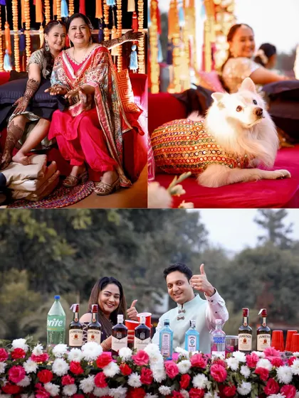 A fun collage from a Mehendi party, featuring the couple at a decorated bar and the family's pet in a festive outfit.