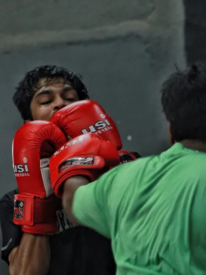 A punch landing squarely. We train hard, but always with respect and control.