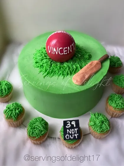 A special order for a cricket fan's 39th birthday. This set included a cricket pitch cake and matching cupcakes with buttercream grass. 39 and not out!