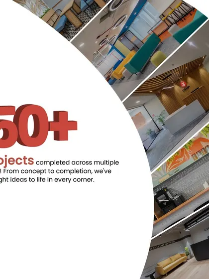 A graphic celebrating a milestone of completing over 50 projects across multiple cities. From concept to completion, we bring ideas to life everywhere.
