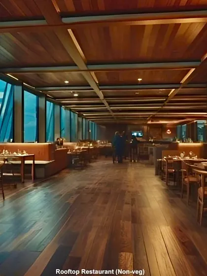 A rendering of the proposed rooftop restaurant for the Russell Market project. This space was designed to offer panoramic city views, creating a new public destination and adding economic viability to the conservation effort.