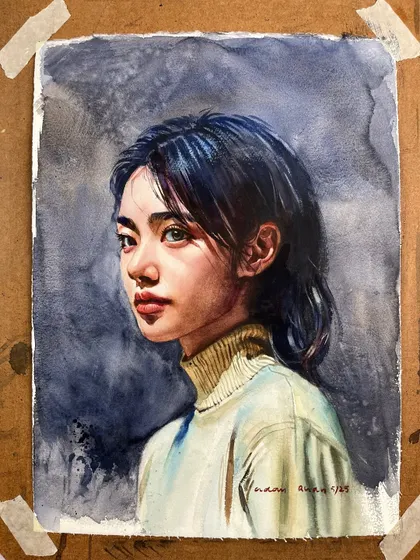 A portrait study on my easel, showing the painting taped to the board. This is a typical setup for my watercolor work.