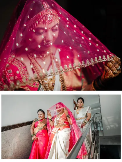 A collage featuring a close-up of the bride under her veil and her entrance with her bridesmaids.