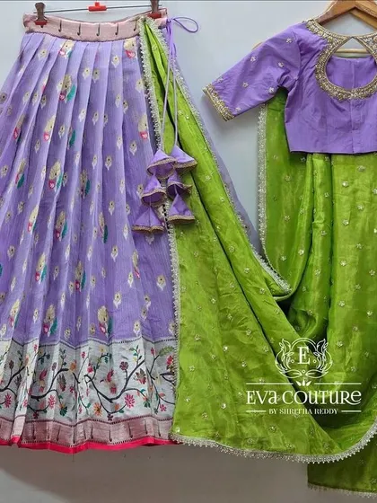 The back view of the blouse for the lavender floral lehenga, showing a simple keyhole detail.