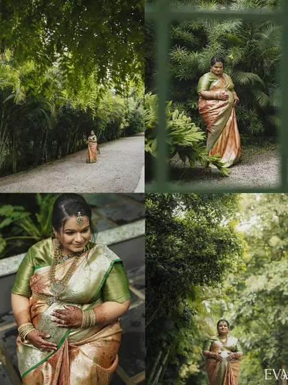 A four-panel collage capturing different moments from an outdoor maternity shoot. The images show the mother-to-be walking down a path and posing amidst the greenery, telling a story of her journey.