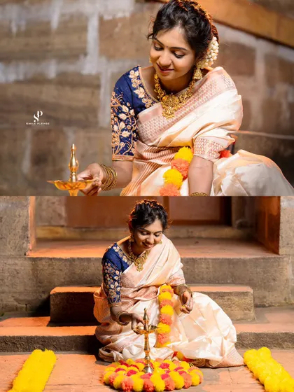 Preparing for the festivities. This Onam-themed shoot features a model wearing our traditional gold-finish necklace, perfect for pairing with a classic Kasavu saree.