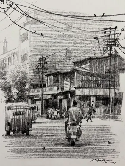 A pencil landscape demonstration, focusing on creating depth and texture in a street scene with complex wiring overhead.