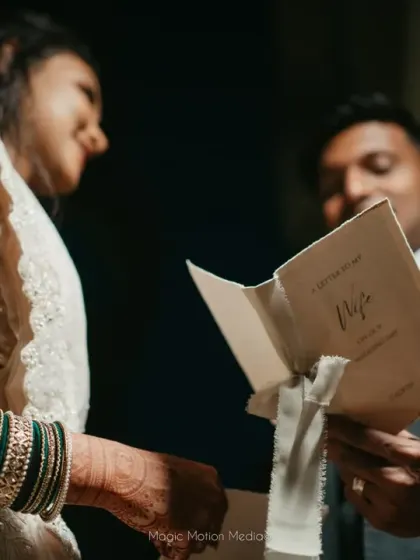 Handwritten vows add a deeply personal touch to any celebration. We provided these beautiful vow books for Hema and Karthik to exchange their promises during their intimate cocktail event.