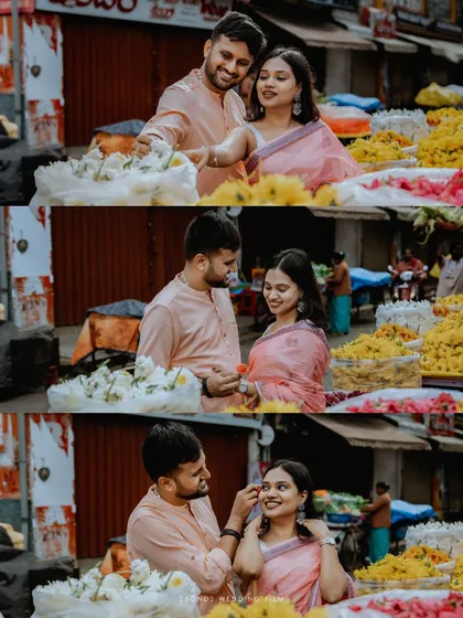 A triptych showing a sweet interaction at a flower stall, where the groom playfully adorns the bride's hair with a flower.