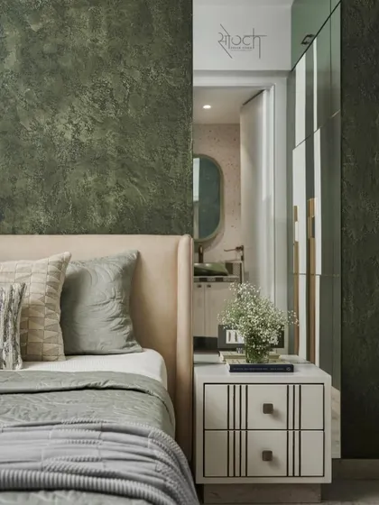 Another view of the Olive Haven bedroom, showing the cohesive design and the connection to the ensuite bathroom.