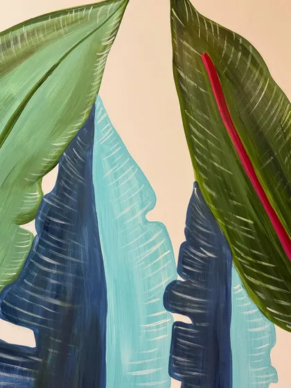 A close-up on the different leaf styles and shading techniques used in the tropical mural. I love mixing various shades of green and blue for a rich, layered effect.