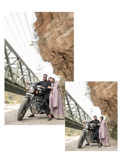 A cool, edgy shot of a couple posing with a motorcycle under a bridge in Rishikesh, blending rustic charm with a modern vibe.