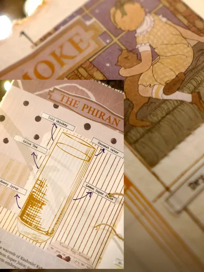 Detailing 'The Phiran' cocktail from our fall menu. This page combines artistic illustrations with a clear list of ingredients like Kahwa Tea and coconut water, reflecting the menu's Kashmiri inspiration.
