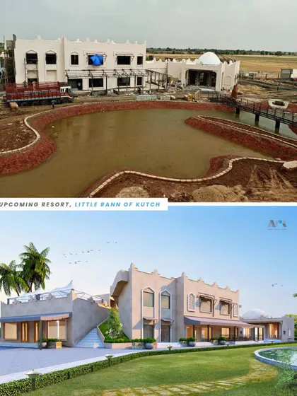 A collage showing the render and construction of a resort in the Little Rann of Kutch. The design centers around a stunning water body and luxurious suites that incorporate traditional elements.