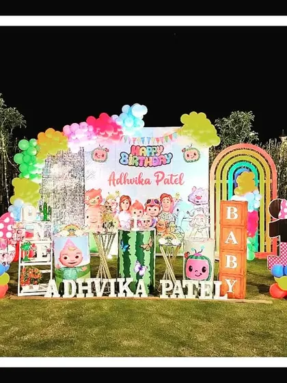 For Adhvika Patel's birthday, I created this fun outdoor Cocomelon and Minnie Mouse mashup. The setup combines elements from both beloved cartoons, with colorful balloons and character props creating a playful atmosphere.