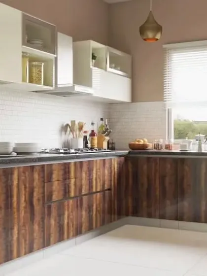We used a rich, textured wood-grain laminate for the lower cabinets in this L-shaped kitchen, paired with simple white uppers. The look is modern yet warm and natural.