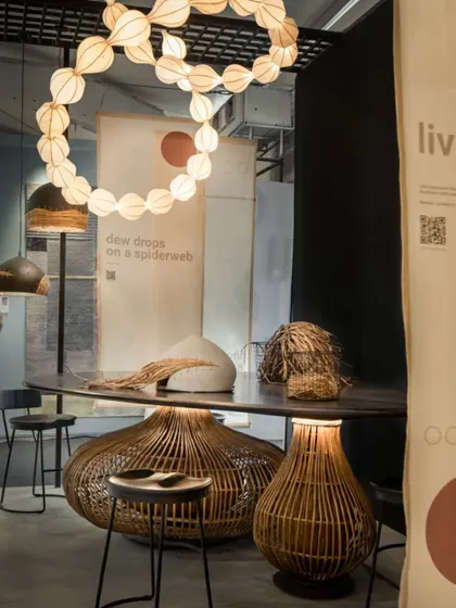 Another view of our exhibition design for Oorjaa, showcasing the custom table and lighting. The goal was to create a space where visitors could touch, feel, and understand the materials and craftsmanship behind the products.