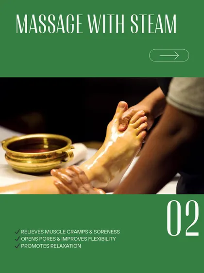 Massage with steam, or 'Swedana', is a crucial part of detoxification. The therapeutic steam opens up pores and channels in the body, helping to release toxins, relieve muscle soreness, and improve flexibility.