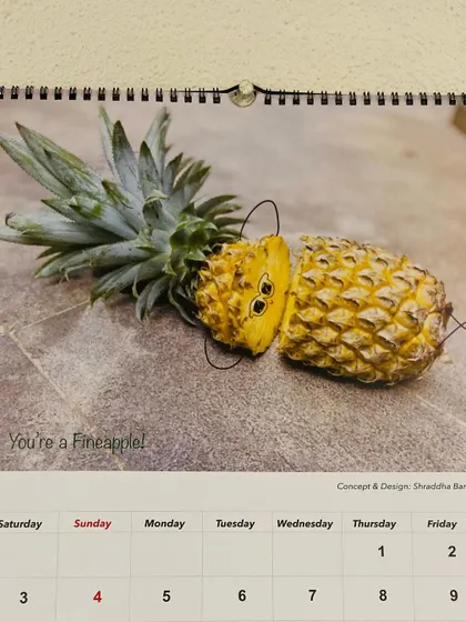 The "You're a Fineapple!" page from my 2022 wall calendar, featuring a doodled pineapple.