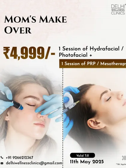Our Mom's Makeover package is the ultimate pampering gift. It includes a session of Hydrafacial or Photofacial for the skin, plus a session of PRP or Mesotherapy for hair rejuvenation.