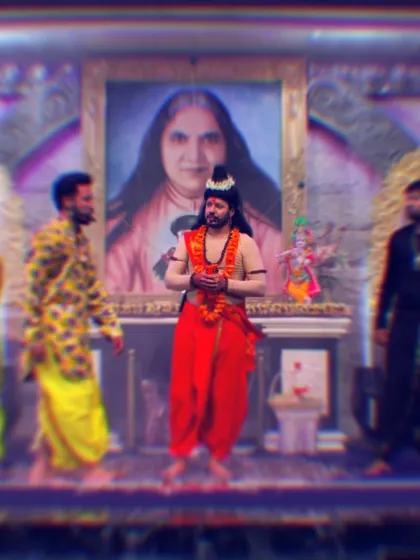 A full stage view of the mythological performance. This shows the context of the play, with other actors and a devotional backdrop, highlighting my versatility as a stage artist.