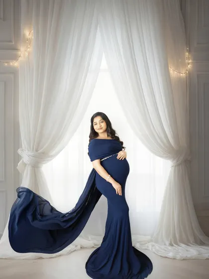 Another creative edit, this time placing the mother-to-be in a grand room with flowing white curtains and fairy lights for a magical touch.