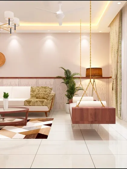 The addition of a traditional wooden swing brings a sense of nostalgia and comfort to this modern living space.
