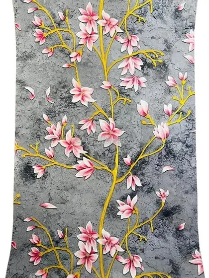 A close-up of a 3D effect floral wallpaper with pink blossoms and yellow branches on a grey background.