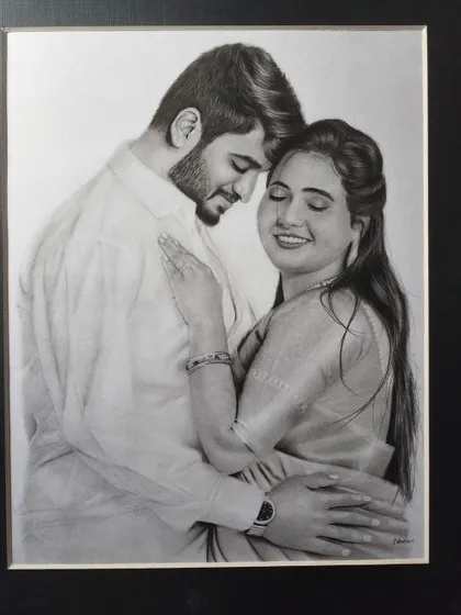 An intimate portrait of a couple, where the focus is on their close embrace and serene expressions.