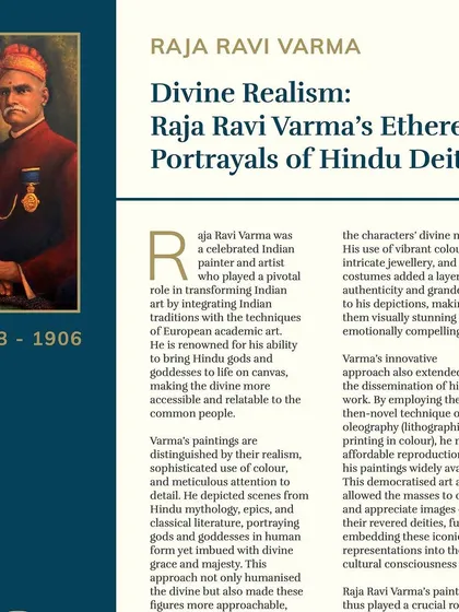 An informational panel detailing the life and work of Raja Ravi Varma, whose innovative approach democratized art and embedded divine representations into the cultural consciousness of India.