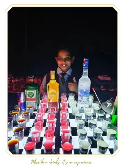 Our unique chessboard shots bar. This interactive setup turns serving shots into a fun and strategic game, adding a playful element to the party.