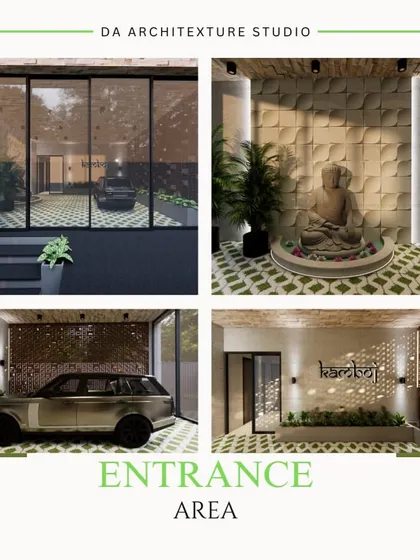 A collage of the clinic's entrance area, showing the Buddha statue, the custom nameplate, and the artistic jali partitions.