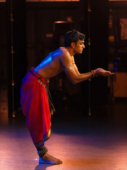 A moment of offering, or 'anjali', from a solo performance. This gesture of reverence is a key part of the Bharatanatyam tradition.