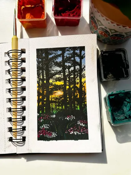 A recent painting from my Sunset Series, featuring a forest silhouette against a glowing sunset.