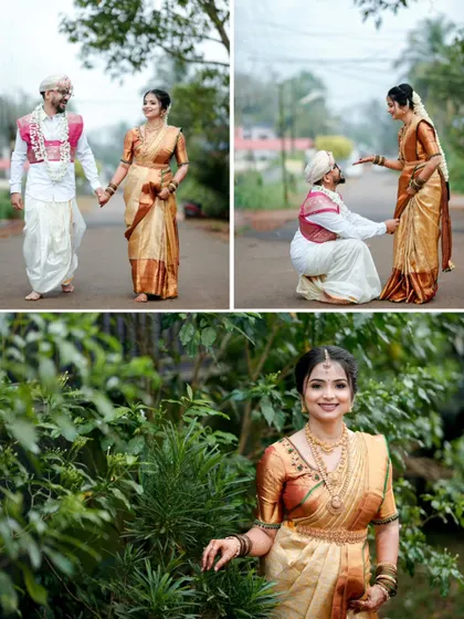 A collage from a post-wedding shoot, featuring a romantic walk, a playful proposal, and a stunning solo portrait of the bride.