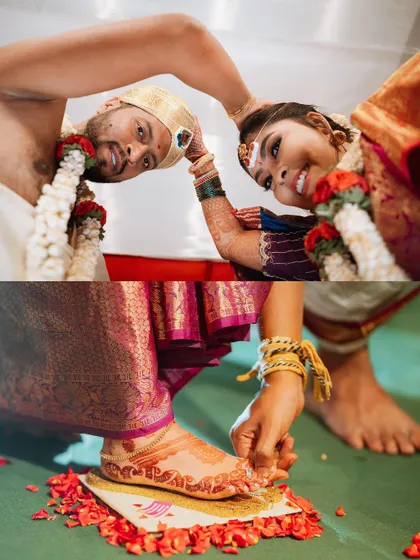A collage capturing the key rituals of a traditional wedding, including the Saptapadi, where the couple takes their first steps together.