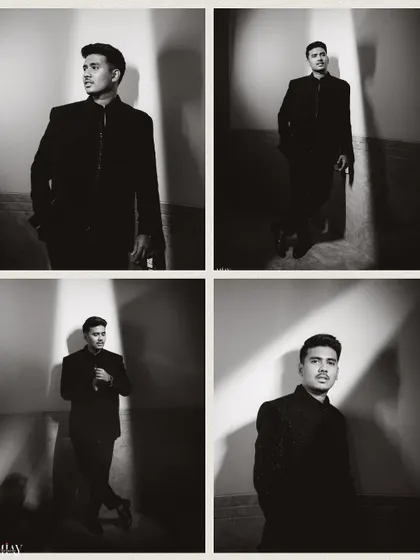 A collage of black and white portraits of the groom, showcasing his sharp look from different angles.