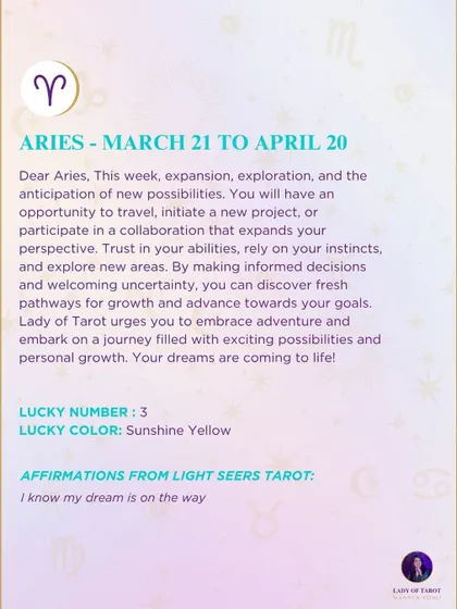 This tarot prediction for Aries points to a week of expansion and exploration. I urge you to embrace adventure and trust your instincts as you embark on a journey filled with exciting new possibilities.