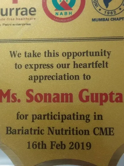 I was honored to receive this award for my participation in the Bariatric Nutrition CME in 2019. It's a testament to my dedication in this specialized area of clinical nutrition.