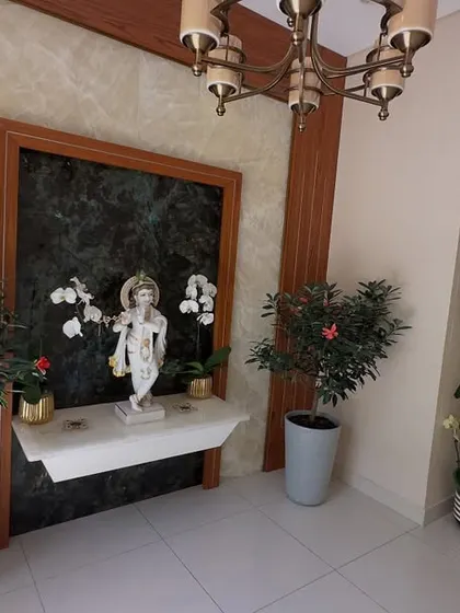 Plants are perfect for creating a serene and welcoming entryway or pooja space. Here, I've used elegant potted orchids and flowering plants to frame a beautiful statue, adding a sense of peace and respect.