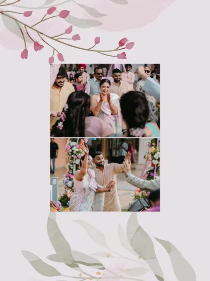 A collage of the couple's energetic entry to their Haldi ceremony, dancing and high-fiving their guests.