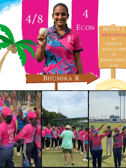 Bhumika R's fantastic spell of 4 for 8 against the Pondicherry U-23 team, along with some snapshots of our team huddles and celebrations.