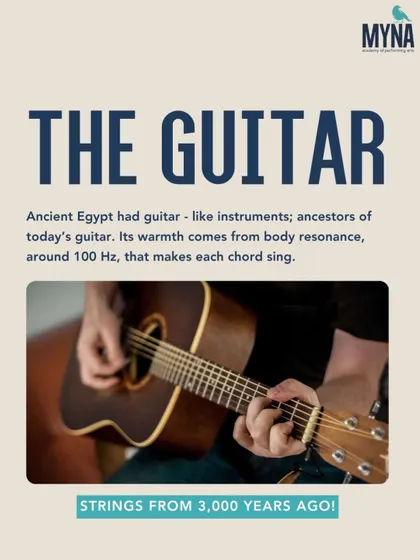 The guitar has strings from 3,000 years ago! This slide reveals that ancient Egypt had guitar-like instruments, and explains that the modern guitar's warmth comes from its body resonance.
