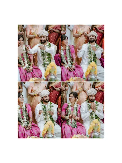 A four-panel grid of the couple during the ceremony, capturing their various expressions and interactions.