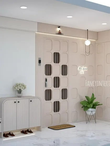 An alternate 3D design for the same entrance, this time proposing a door with a geometric grid pattern and matching wall panels for a different aesthetic.