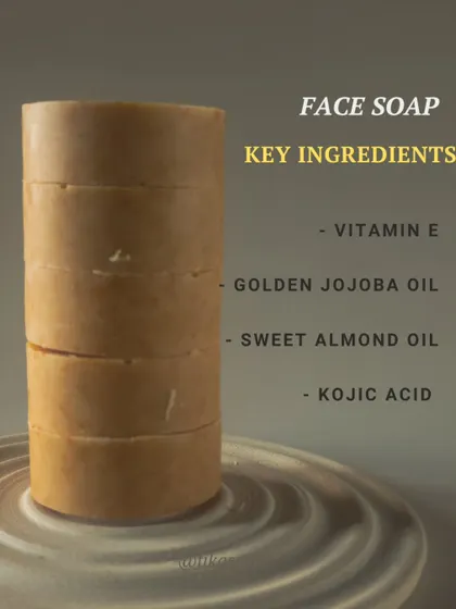 A look at the key ingredients in my solid face soap: Vitamin E, Golden Jojoba Oil, Sweet Almond Oil, and Kojic Acid. This combination provides a smoother, healthier glow.
