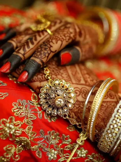 A detailed photograph of the bride's hands, focusing on the traditional jewelry and the dark, rich color of the alta on her fingertips.