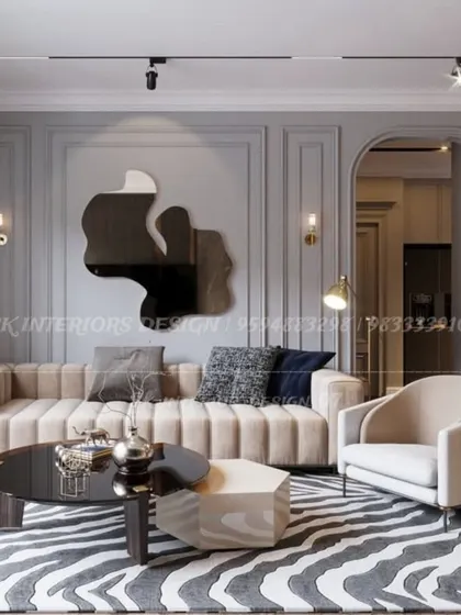 A concept for a luxurious living room, focusing on texture and form. The channel-tufted sofa, abstract mirror, and sculptural armchair create a highly curated look.